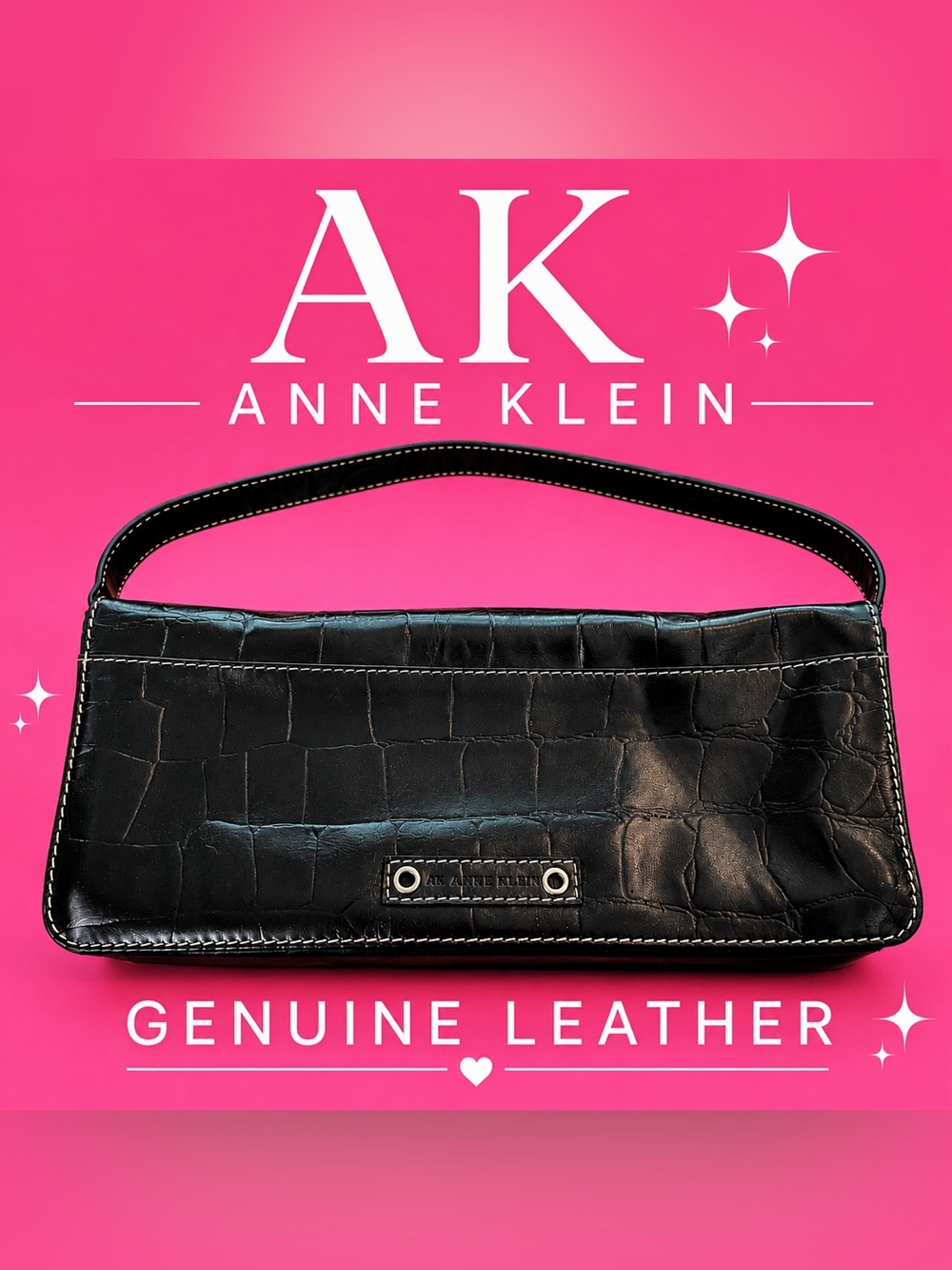 Anne Klein Black Croc-Embossed Genuine Leather Shoulder Bag with Top Handle